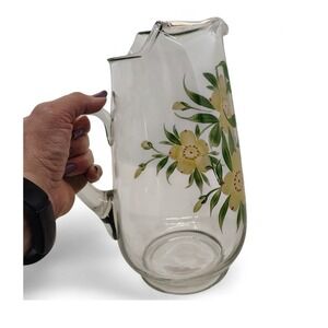 Floral Glass Pitcher Hand Painted Yellow Flowers Kitchen Decor 10 Inch Tall